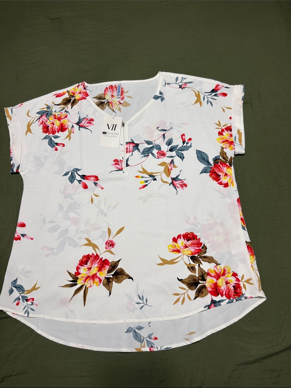 VII Show Women's White Floral Short Sleeve Notch-Neck Blouse